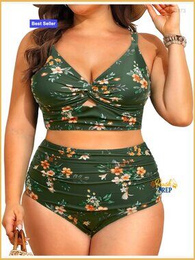 Plus Size Two Piece High Waisted Bikini Set Tummy Control Twist Top Swimwear